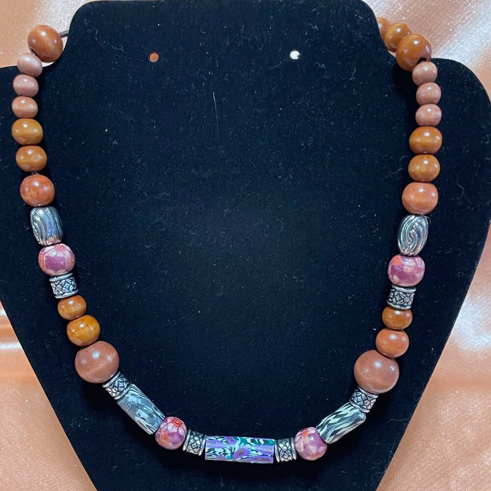 19" Handmade wooden beaded necklace with handmade Fimo beads.